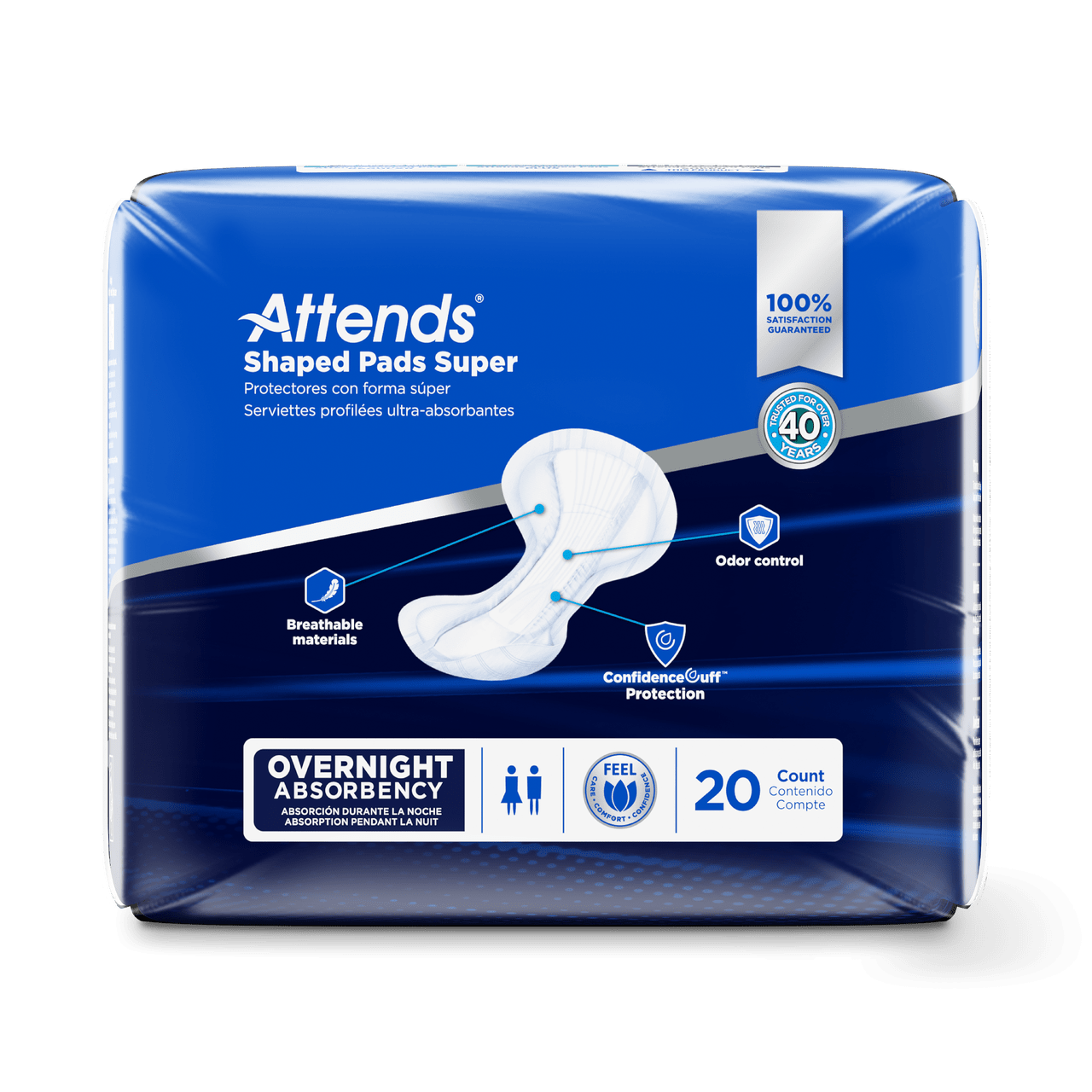 Attends Shaped Pads Super, Overnight Absorbency